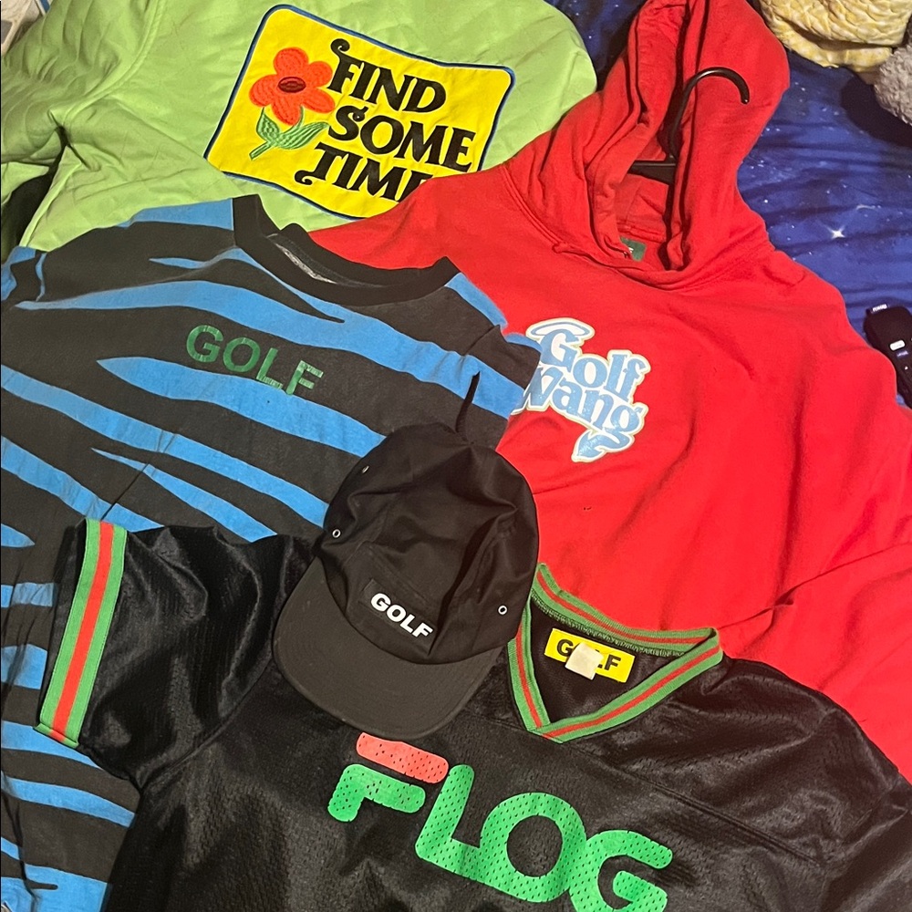 Golf Wang Red Hoodie and Blue Striped Shirt